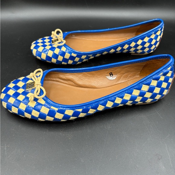 Tori Burch size  8 blue and tan checker woven leather ballet flats - Picture 5 of 7